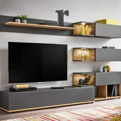 Garnero Arredamenti Parete attrezzata 240x150h cm soggiorno rovere antracite Oviedo Gihome® Antracite - Rovere Online