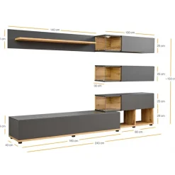 Garnero Arredamenti Parete attrezzata 240x150h cm soggiorno rovere antracite Oviedo Gihome® Antracite - Rovere Online