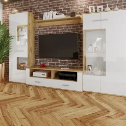 Garnero Arredamenti Parete attrezzata 280x185h cm soggiorno bianco lucido rovere Wall Sale