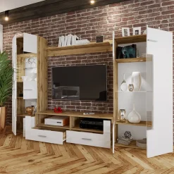 Garnero Arredamenti Parete attrezzata 280x185h cm soggiorno bianco lucido rovere Wall Sale