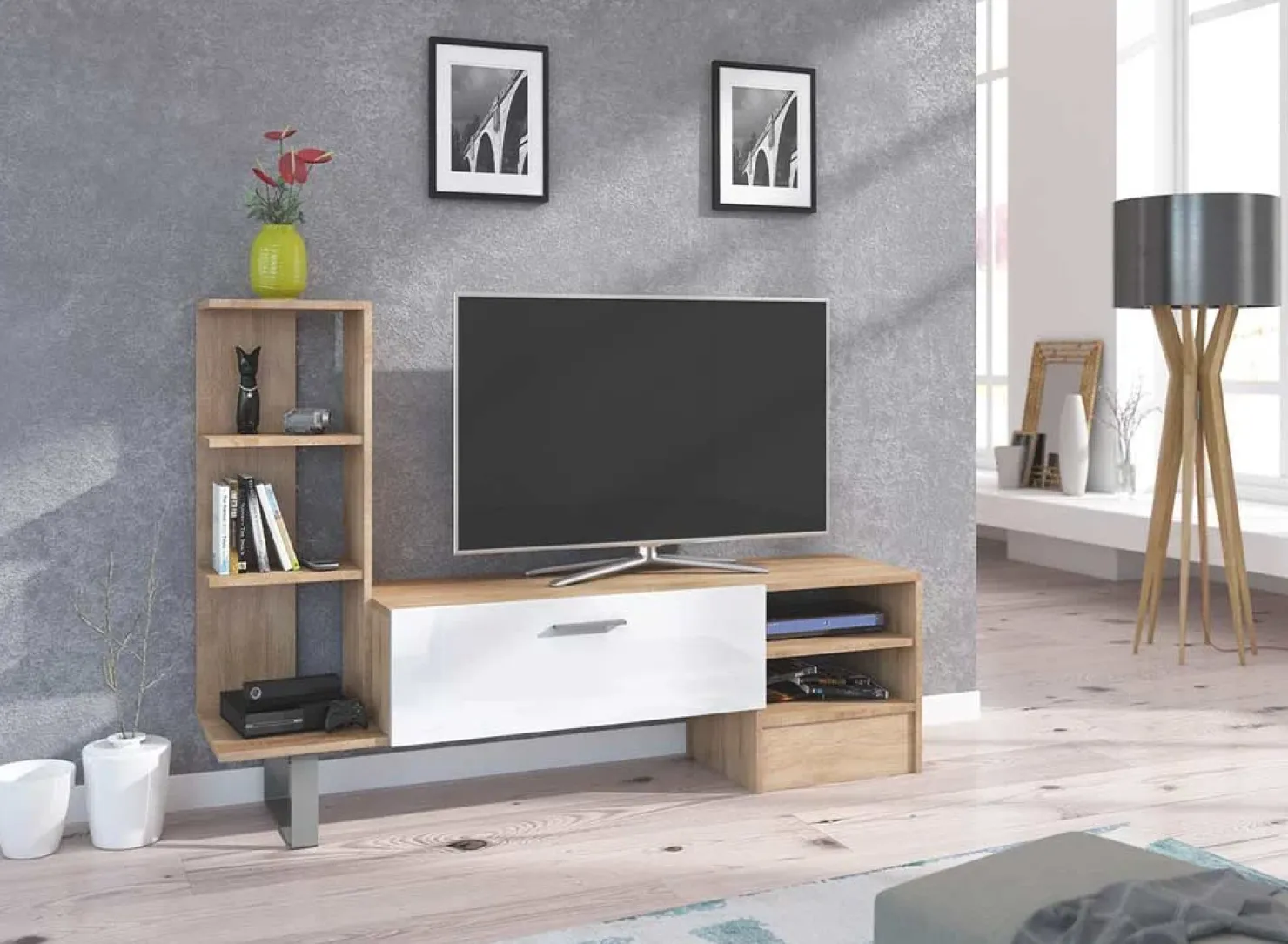 Garnero Arredamenti Parete attrezzata 152x97h cm soggiorno rovere bianco lucido Isabel Sale