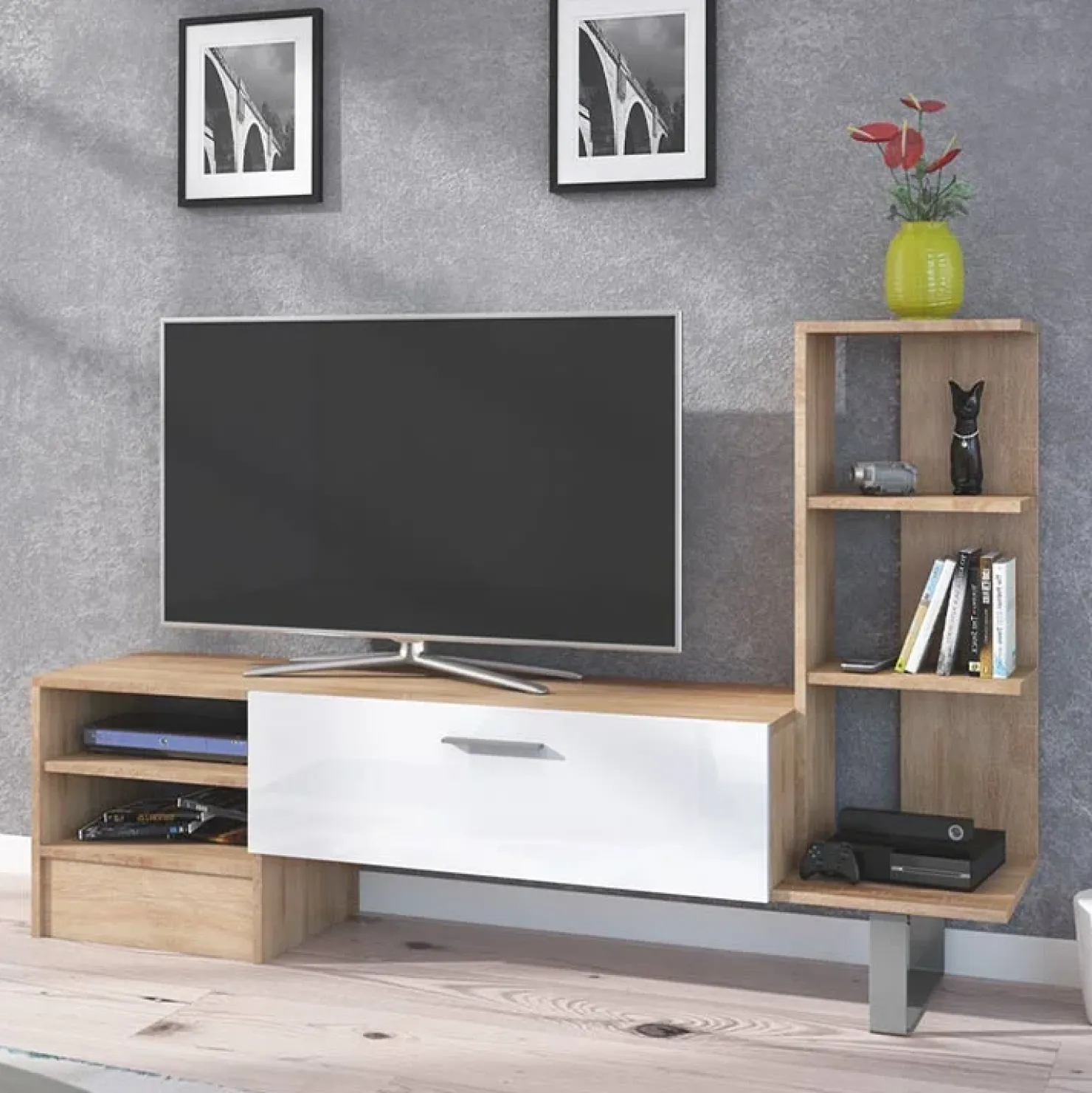 Garnero Arredamenti Parete attrezzata 152x97h cm soggiorno rovere bianco lucido Isabel Sale