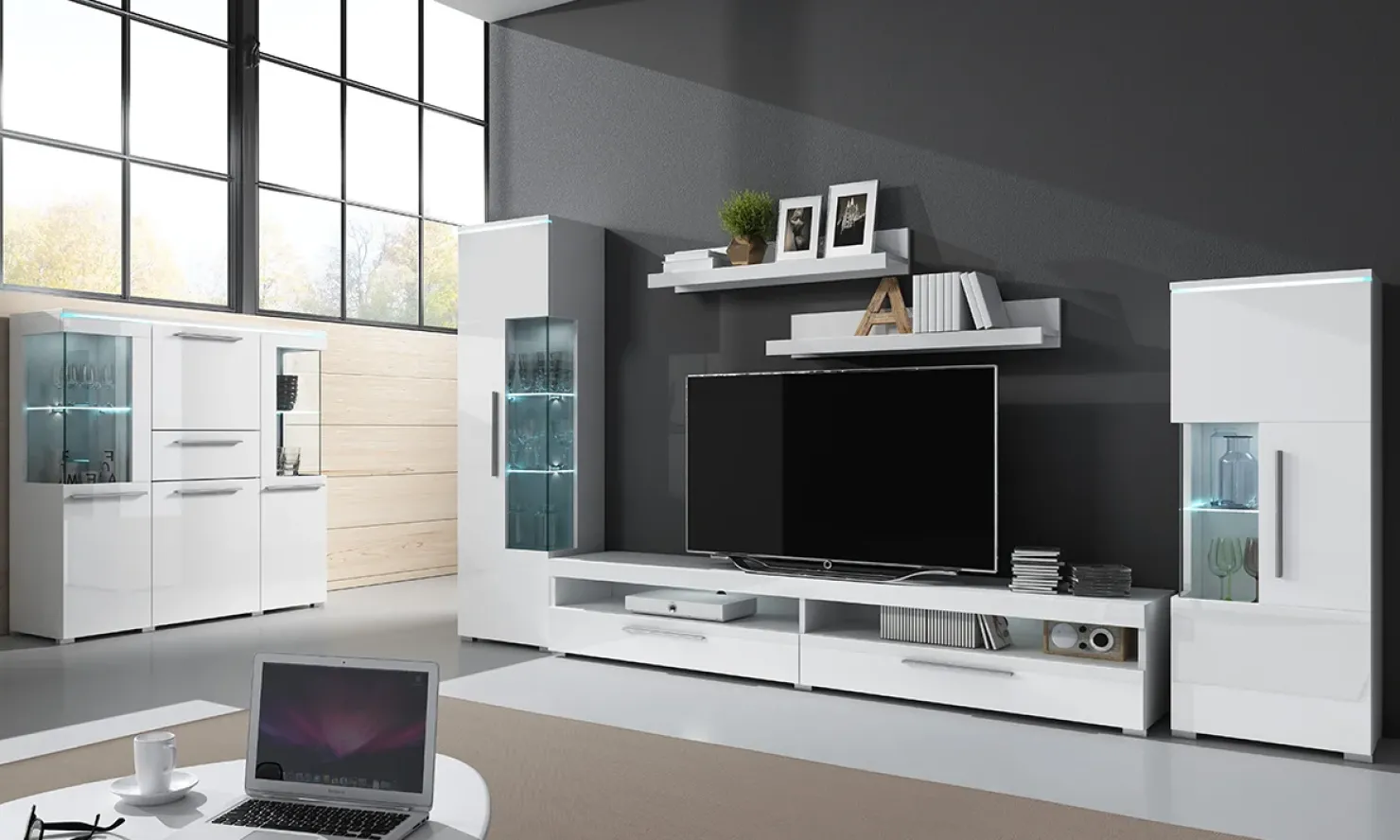 Garnero Arredamenti Parete attrezzata 350x170h cm soggiorno Frisk Bianco Lucido Outlet