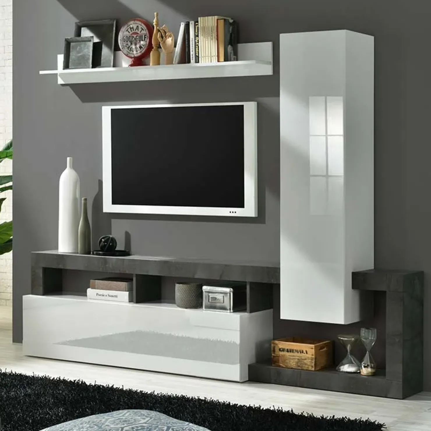 Garnero Arredamenti Parete attrezzata 219x200h cm soggiorno bianco lucido ossido Invictus 2 Ossido - Bianco Lucido Outlet