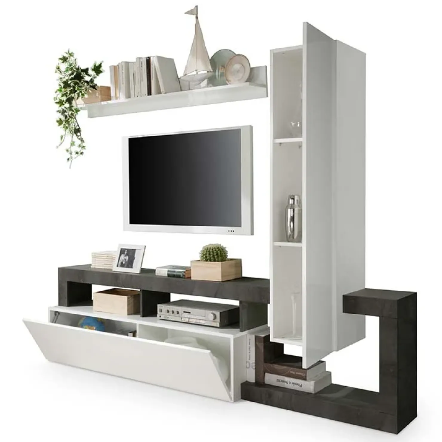 Garnero Arredamenti Parete attrezzata 219x200h cm soggiorno bianco lucido ossido Invictus 2 Ossido - Bianco Lucido Outlet