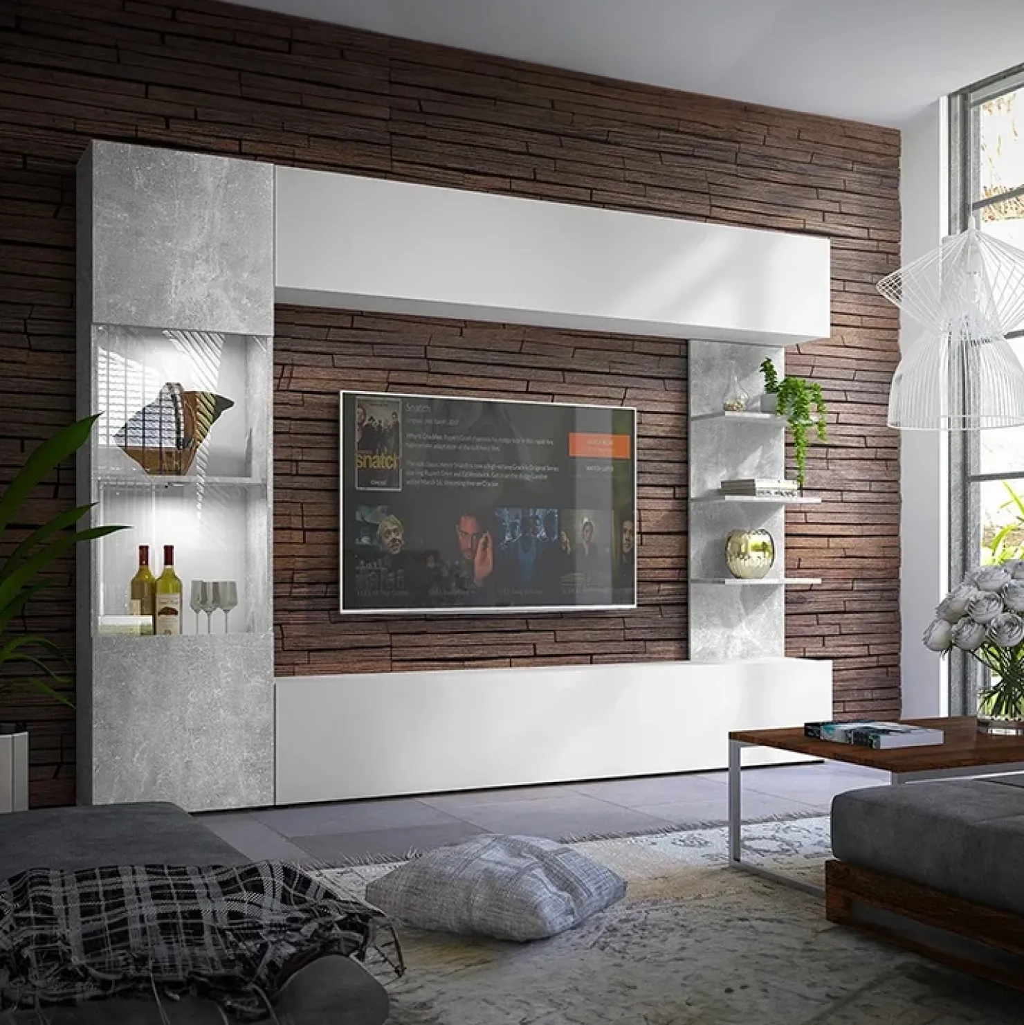 Garnero Arredamenti Parete attrezzata 250x187h cm soggiorno bianco effetto pietra Gracia Outlet