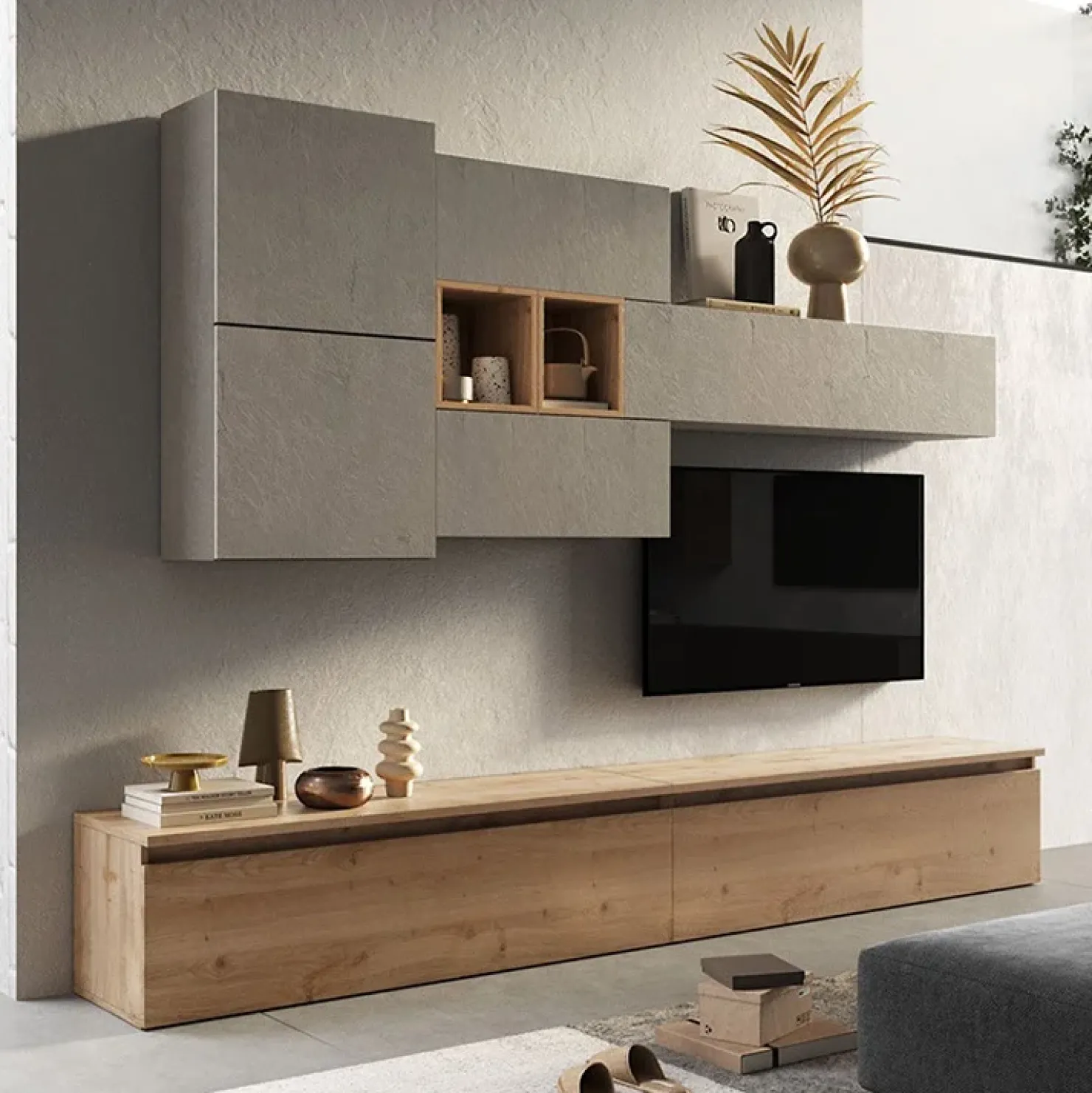 Garnero Arredamenti Parete attrezzata 276x190h cm soggiorno tortora rovere chiaro Sunset 24 Hot