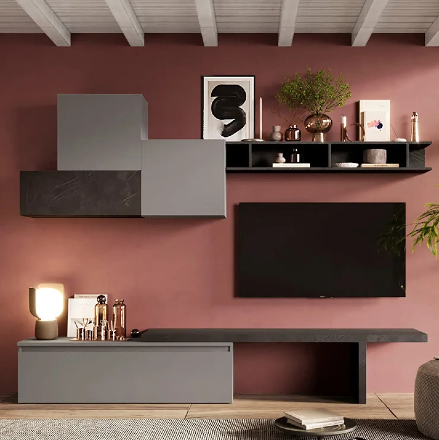 Garnero Arredamenti Parete attrezzata 276x200h cm salvaspazio grigio scuro antracite Sunset 15 Outlet