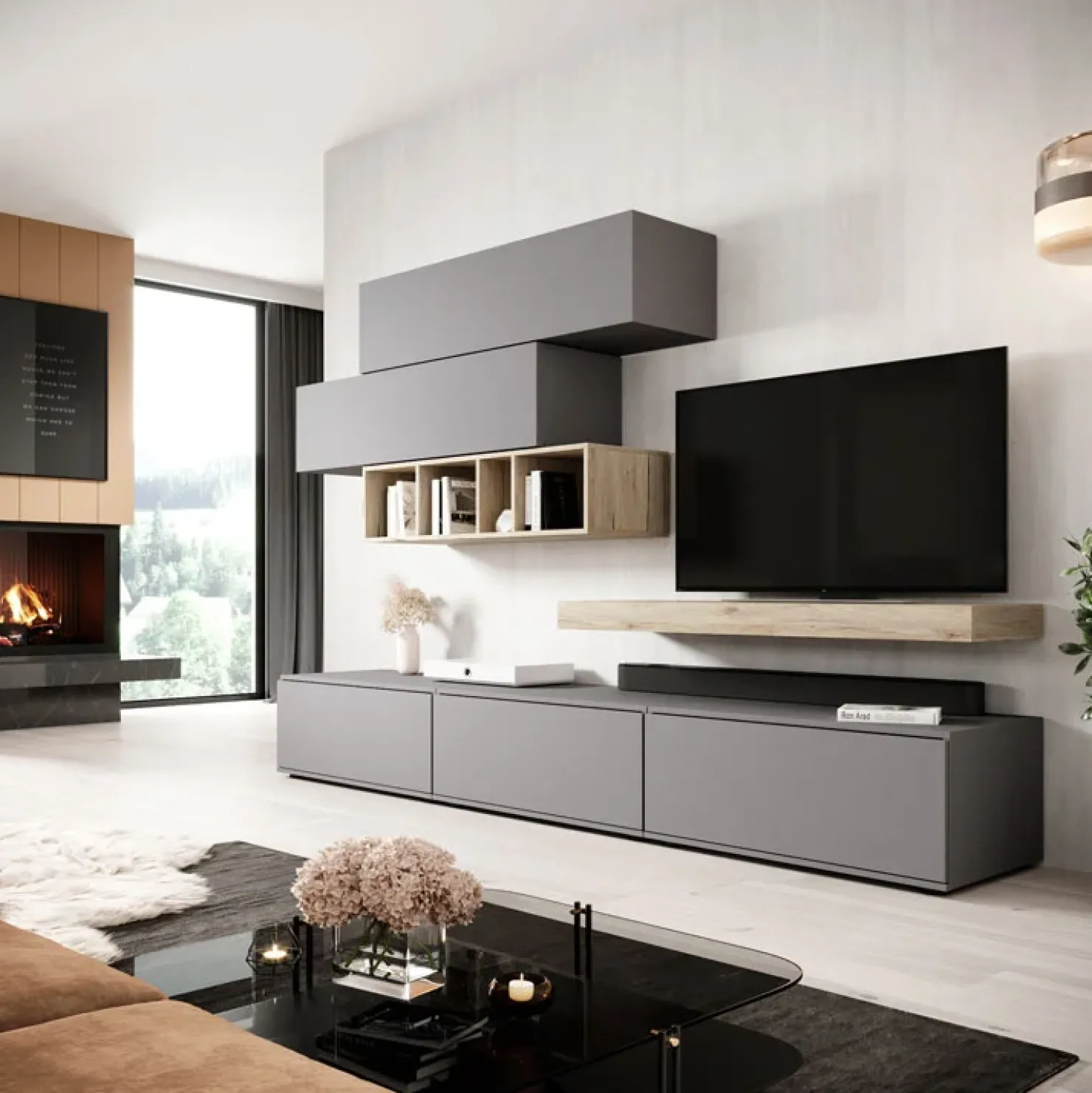 Garnero Arredamenti Parete attrezzata 270x183h cm soggiorno rovere antracite America Gihome® Grigio - Rovere Best