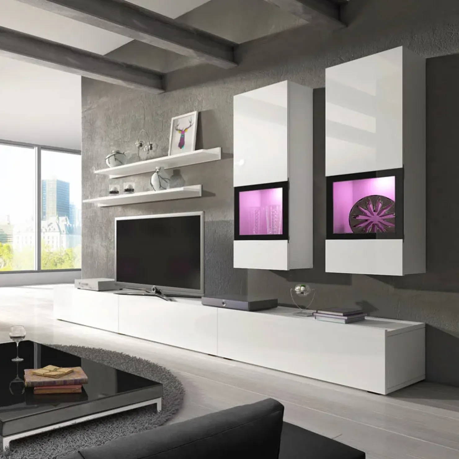 Garnero Arredamenti Parete attrezzata 270x176h cm soggiorno bianco nero Emotion Gihome® Bianco Lucido Hot