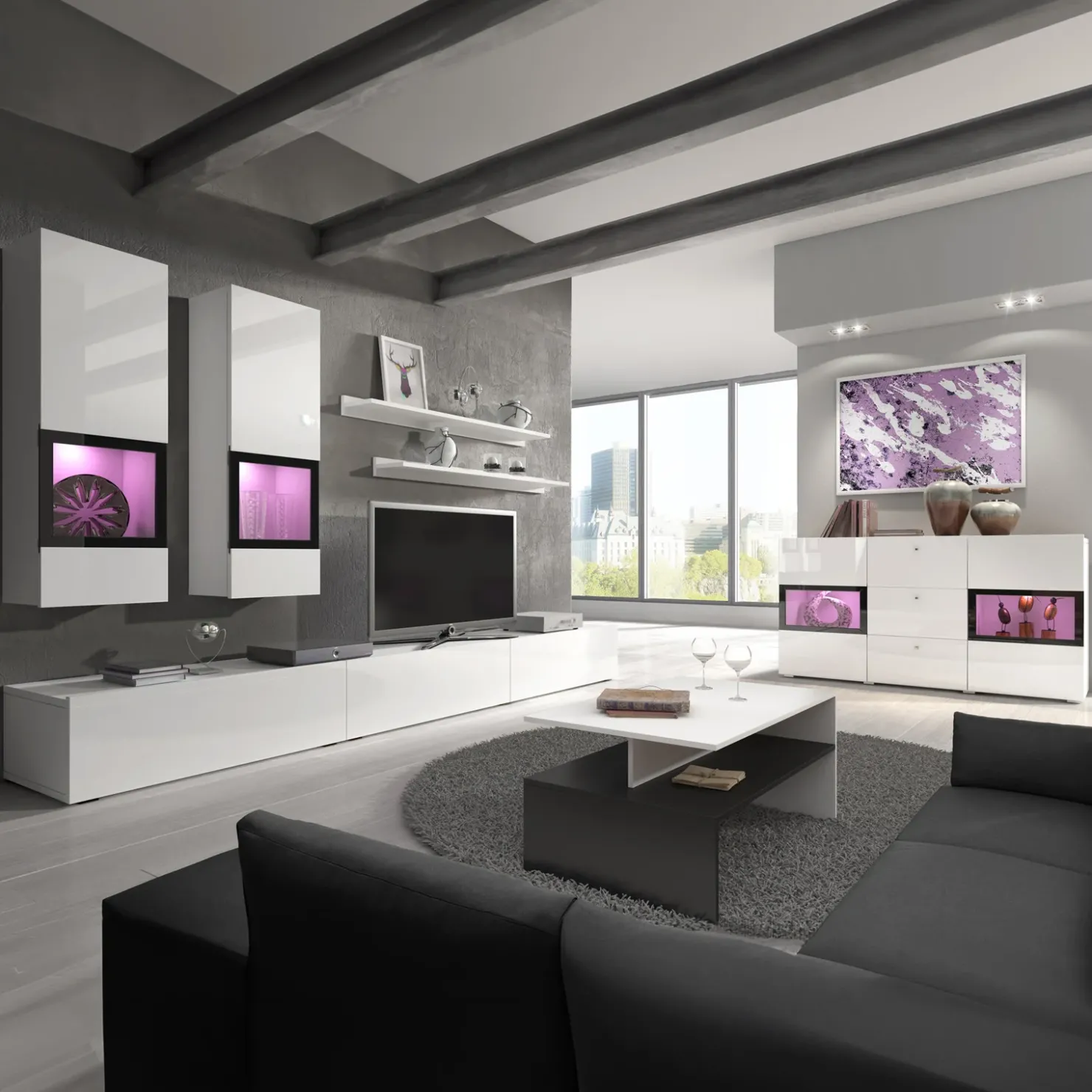 Garnero Arredamenti Parete attrezzata 270x176h cm soggiorno bianco nero Emotion Gihome® Bianco Lucido Hot