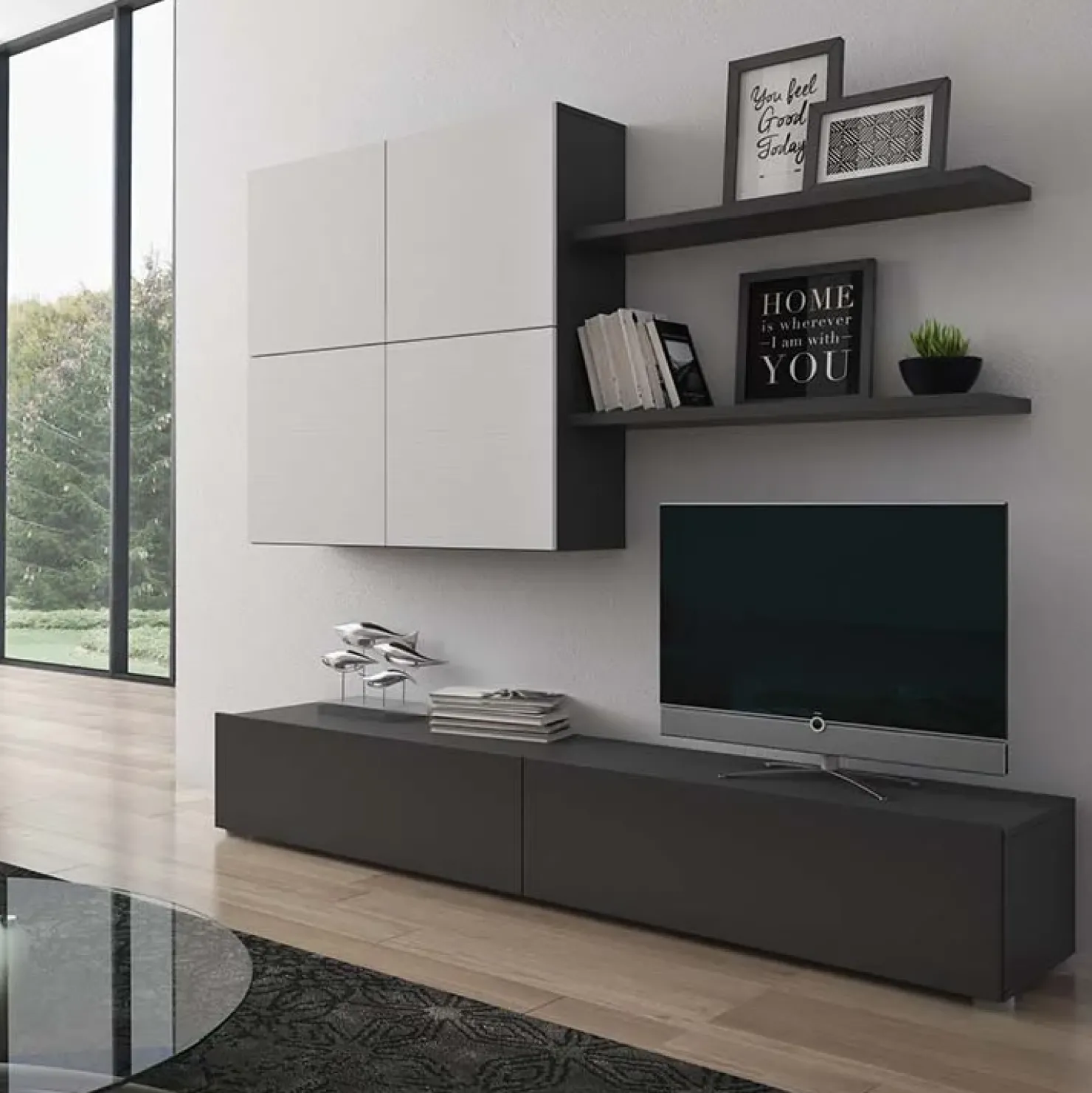 Garnero Arredamenti Parete attrezzata 200x195h cm soggiorno bianco frassinato antracite Euphoria Bianco Frassinato - Antracite