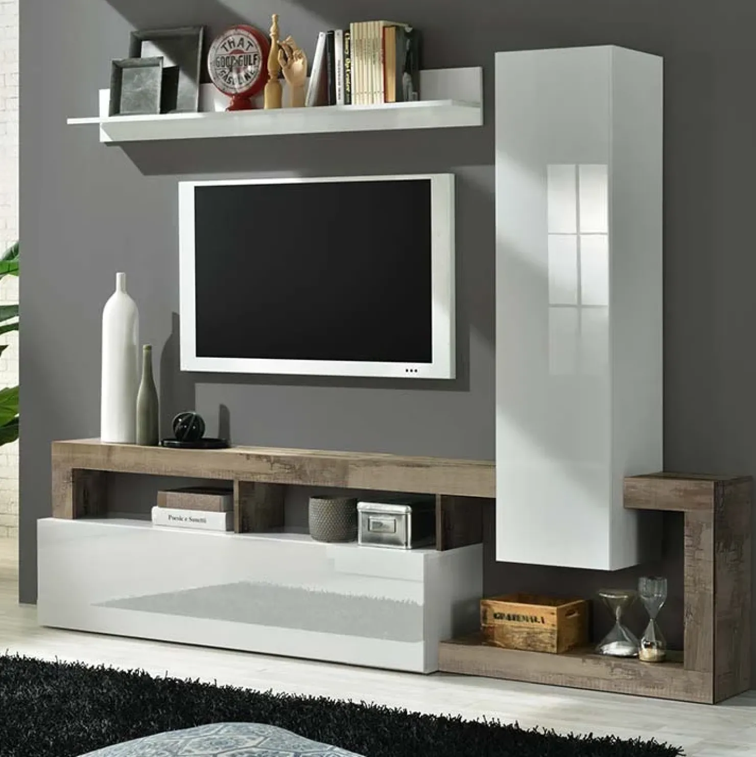 Garnero Arredamenti Parete attrezzata 219x200h cm soggiorno bianco lucido pero Invictus 2 Bianco Lucido - Rovere Rustico Sale