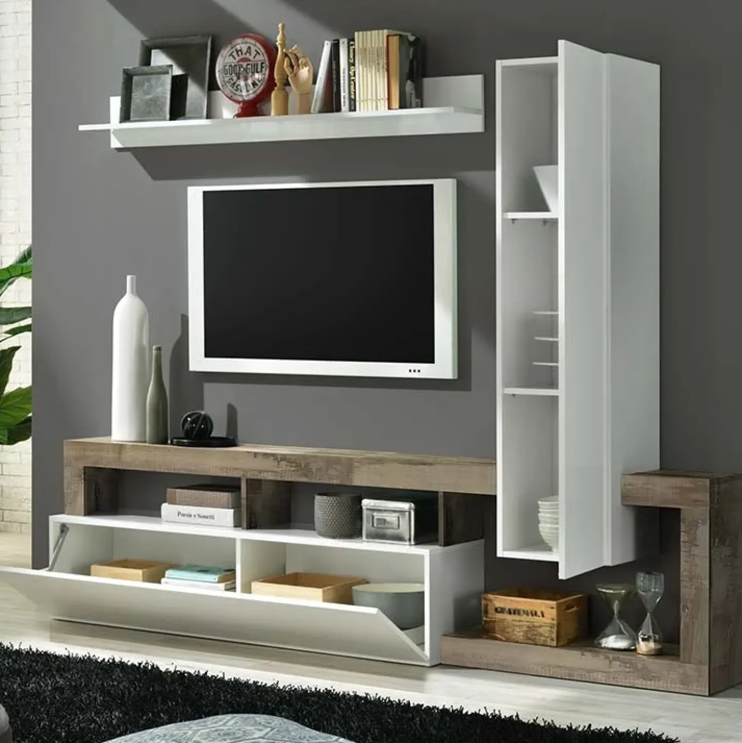 Garnero Arredamenti Parete attrezzata 219x200h cm soggiorno bianco lucido pero Invictus 2 Bianco Lucido - Rovere Rustico Sale