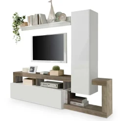 Garnero Arredamenti Parete attrezzata 219x200h cm soggiorno bianco lucido pero Invictus 2 Bianco Lucido - Rovere Rustico Sale