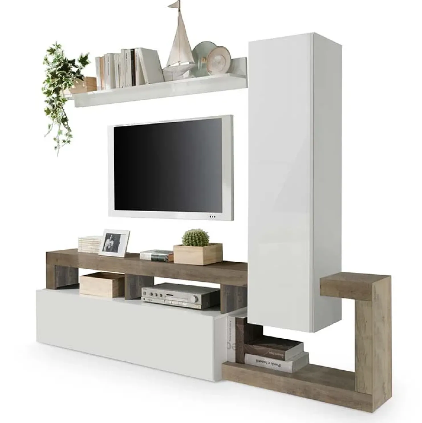 Garnero Arredamenti Parete attrezzata 219x200h cm soggiorno bianco lucido pero Invictus 2 Bianco Lucido - Rovere Rustico Sale