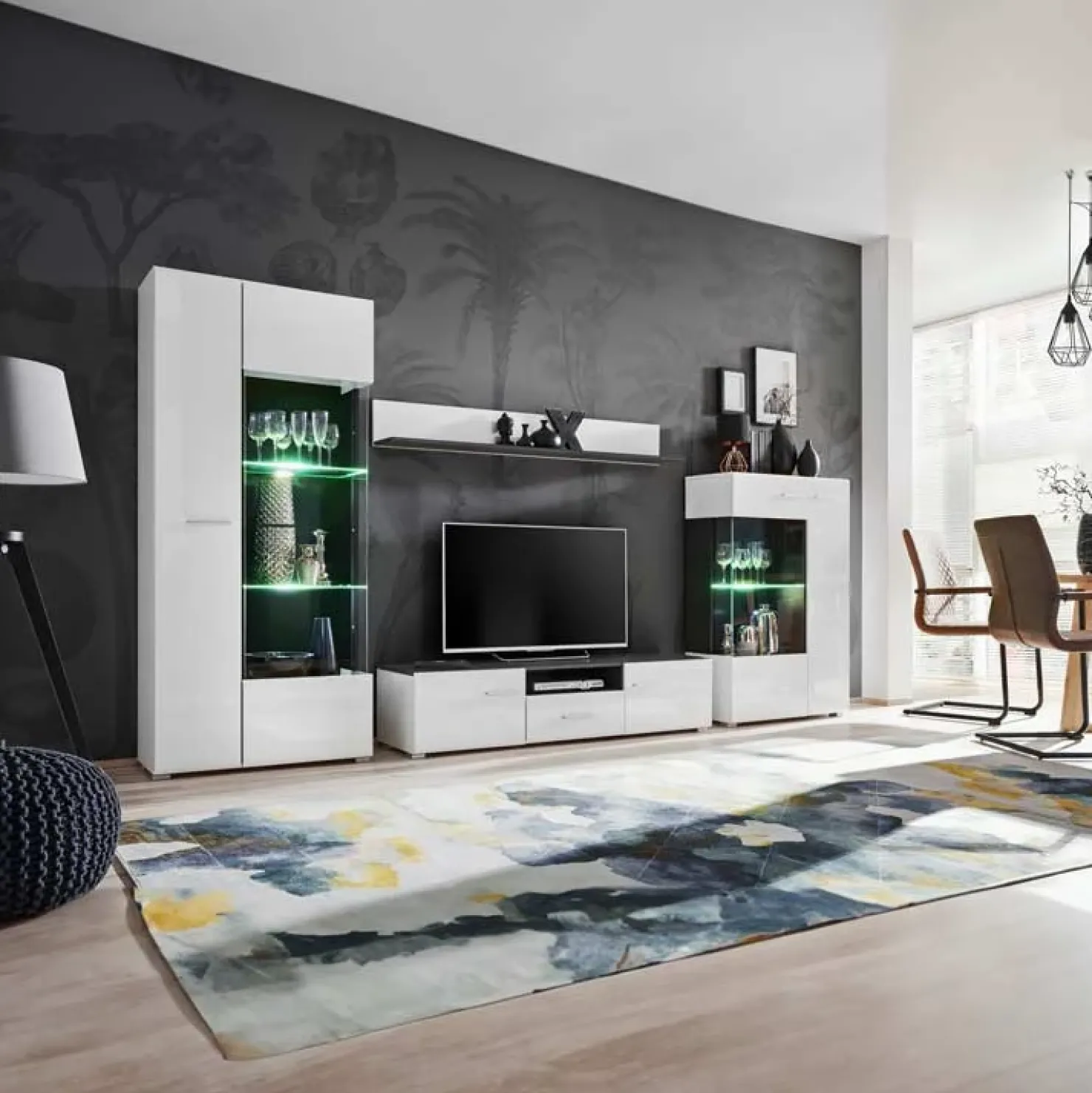 Garnero Arredamenti Parete attrezzata 310x190h cm soggiorno pino nero York Gihome® Bianco Lucido Hot