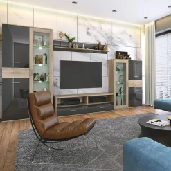 Garnero Arredamenti Parete attrezzata 390x201h cm soggiorno rovere grigio lucido Diran New