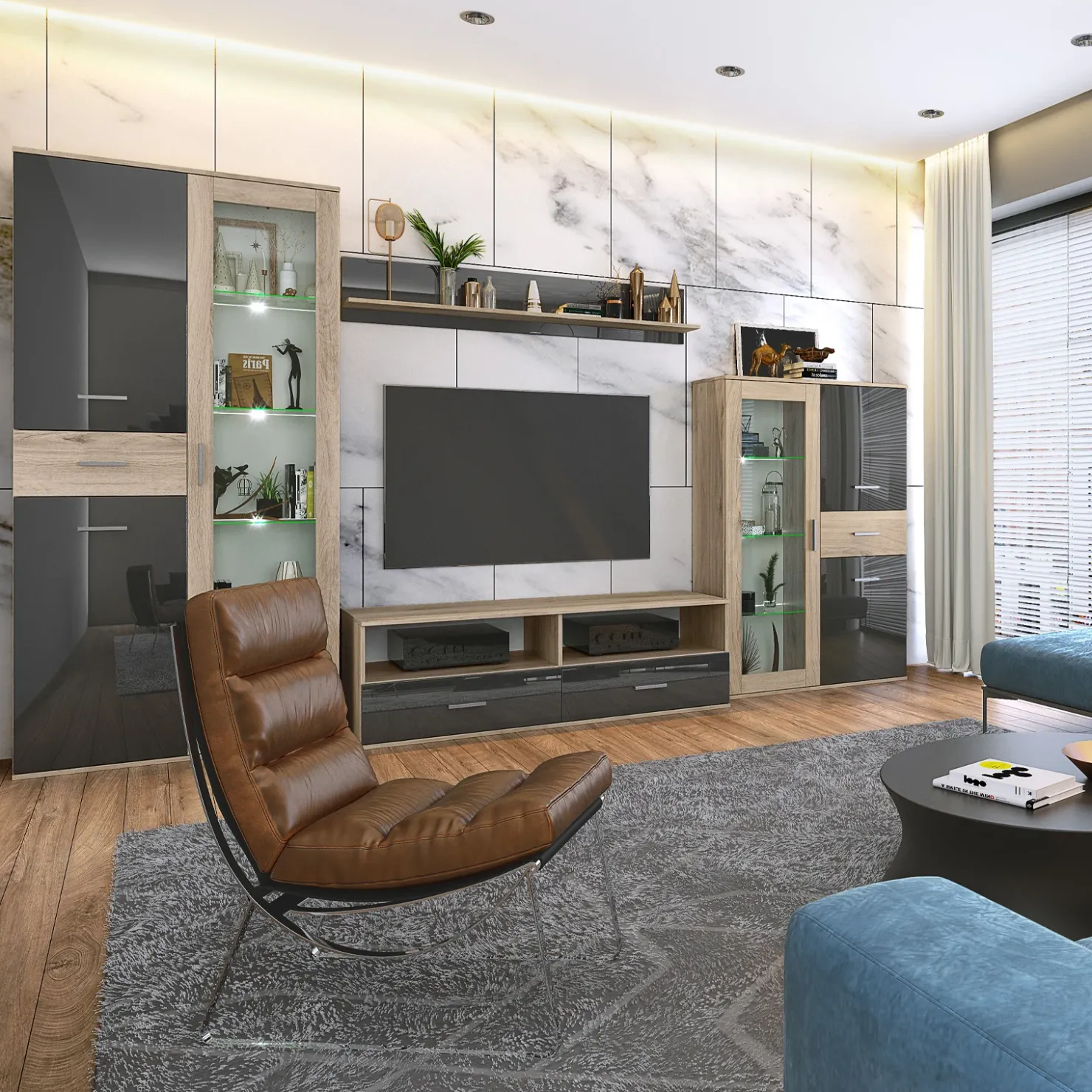 Garnero Arredamenti Parete attrezzata 390x201h cm soggiorno rovere grigio lucido Diran New