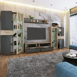 Garnero Arredamenti Parete attrezzata 390x201h cm soggiorno rovere grigio lucido Diran New