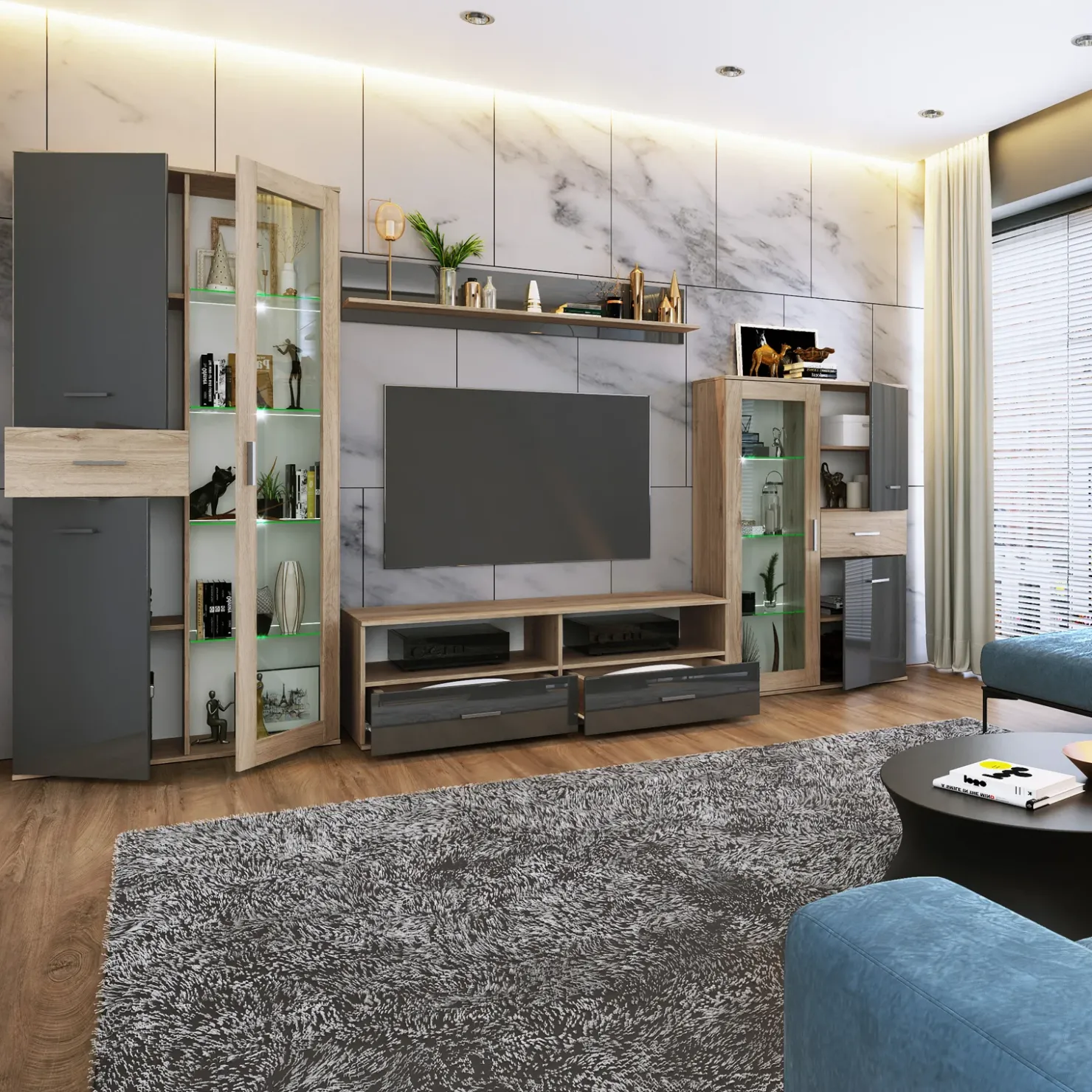 Garnero Arredamenti Parete attrezzata 390x201h cm soggiorno rovere grigio lucido Diran New