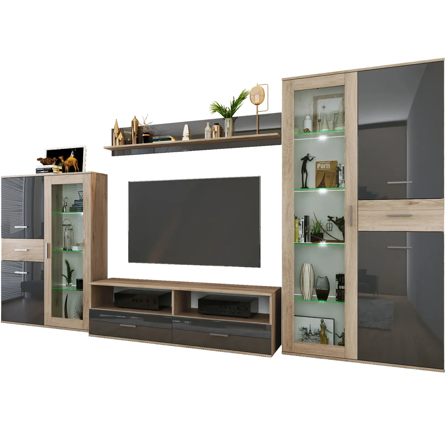 Garnero Arredamenti Parete attrezzata 390x201h cm soggiorno rovere grigio lucido Diran New