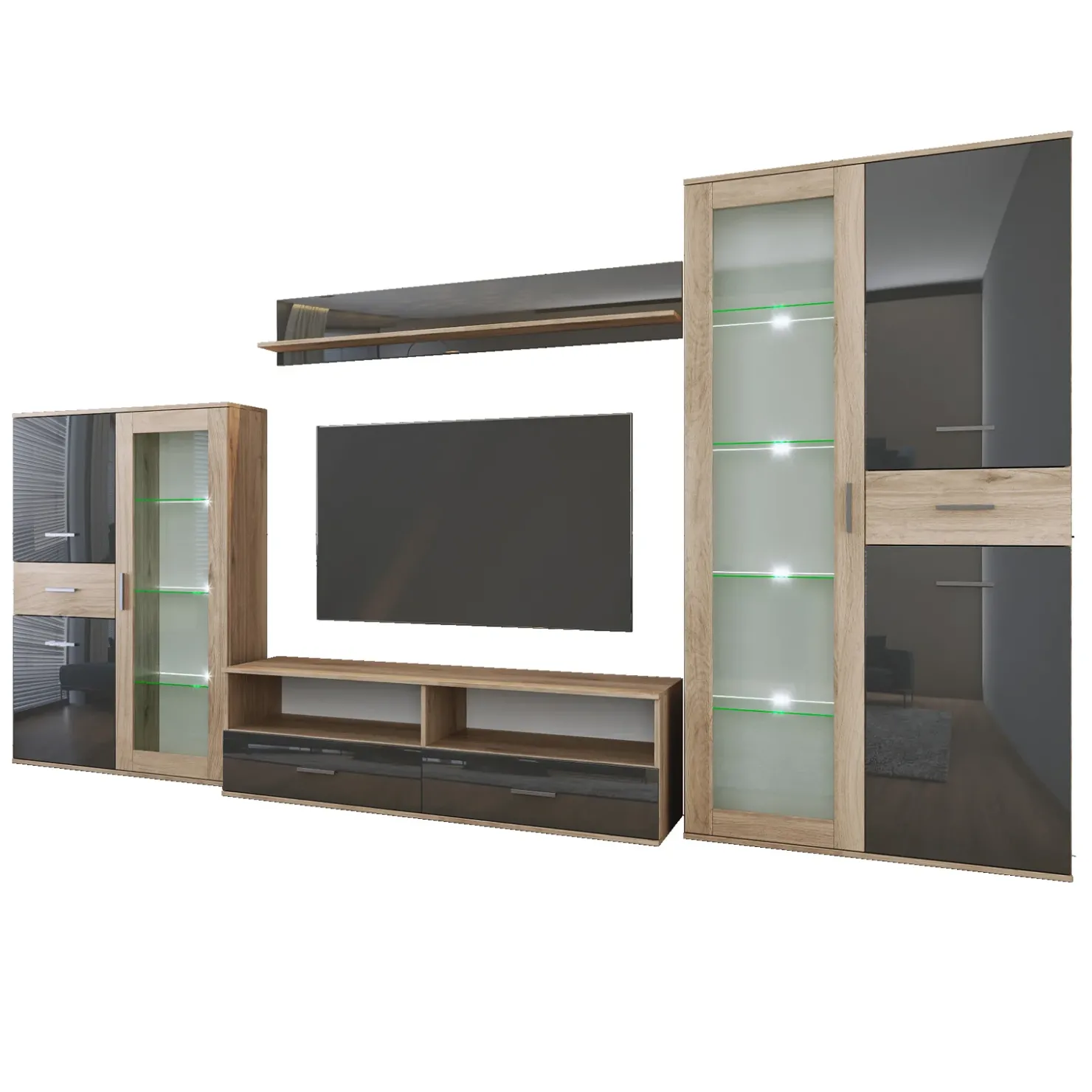 Garnero Arredamenti Parete attrezzata 390x201h cm soggiorno rovere grigio lucido Diran New