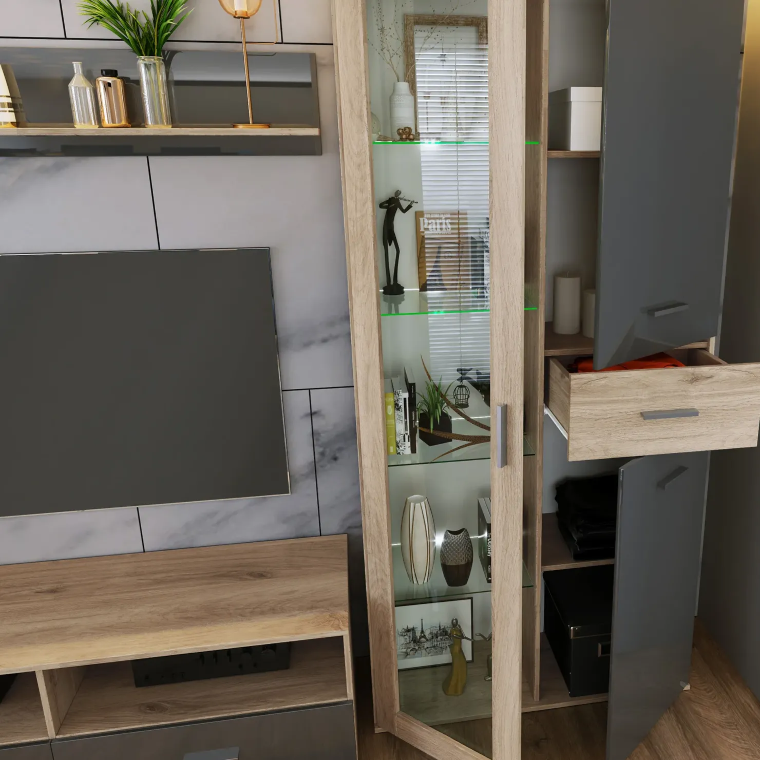 Garnero Arredamenti Parete attrezzata 390x201h cm soggiorno rovere grigio lucido Diran New