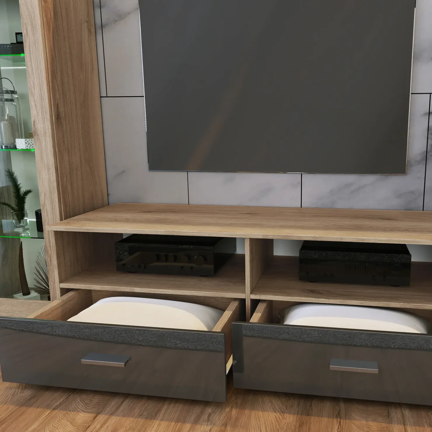 Garnero Arredamenti Parete attrezzata 390x201h cm soggiorno rovere grigio lucido Diran New