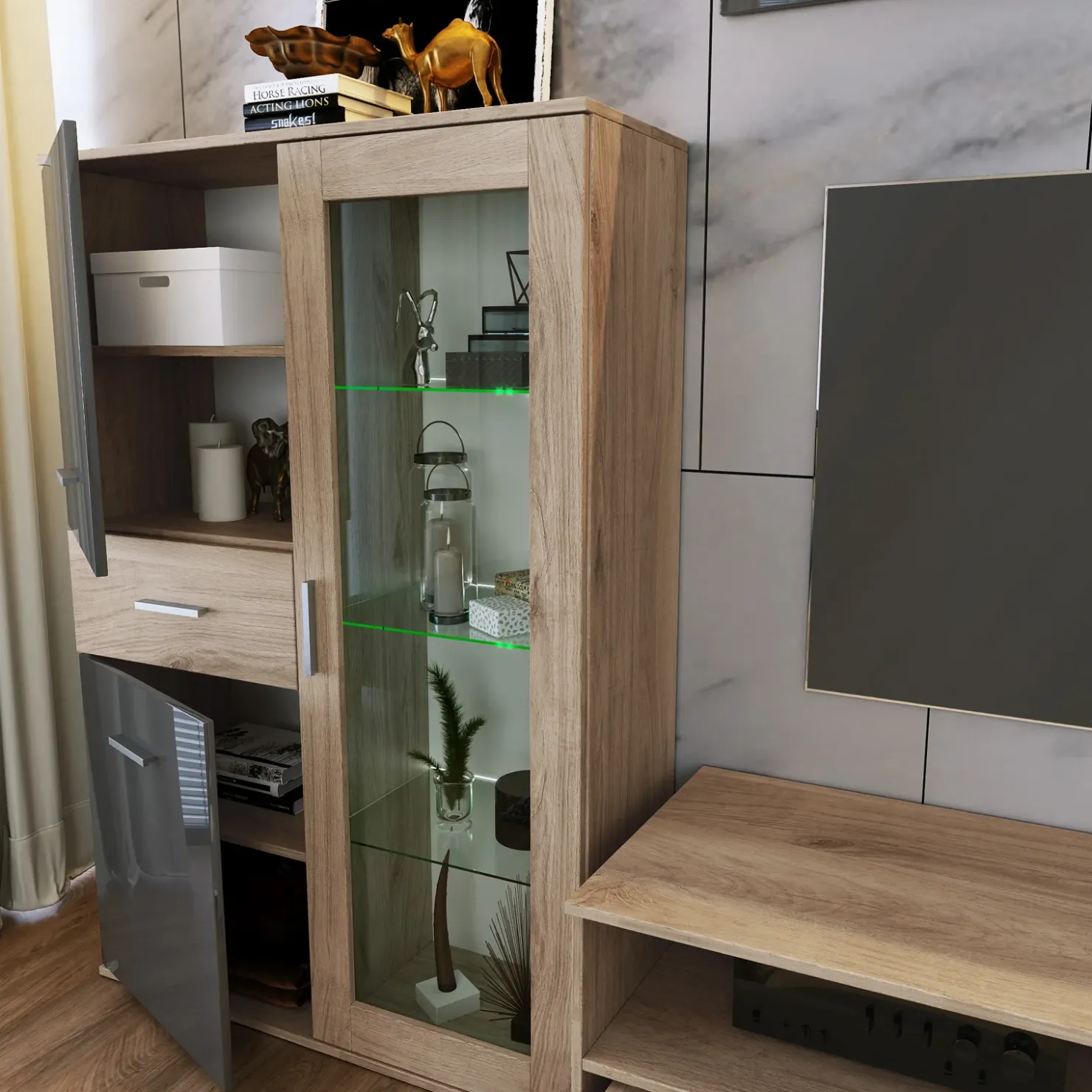 Garnero Arredamenti Parete attrezzata 390x201h cm soggiorno rovere grigio lucido Diran New