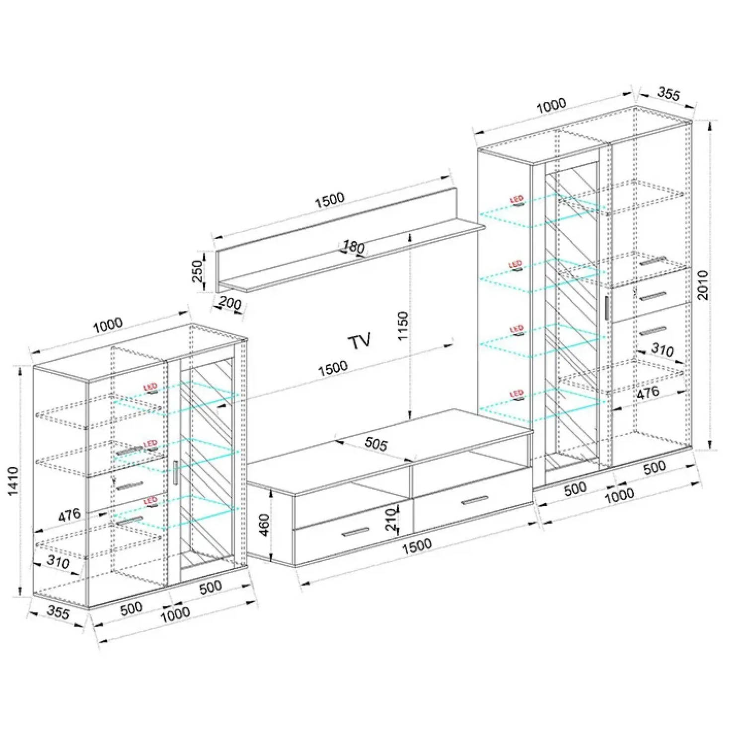 Garnero Arredamenti Parete attrezzata 390x201h cm soggiorno rovere grigio lucido Diran New