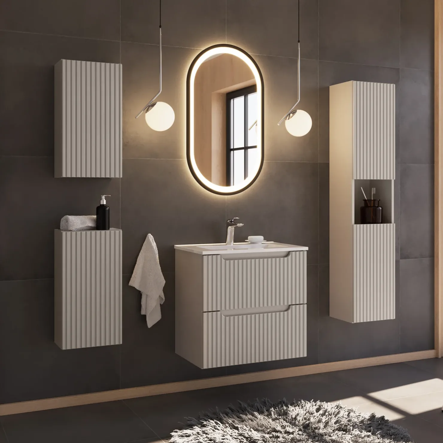 Garnero Arredamenti Pensile bagno sospeso 30x57h cm cannettato 1 anta Cleany Beige Discount