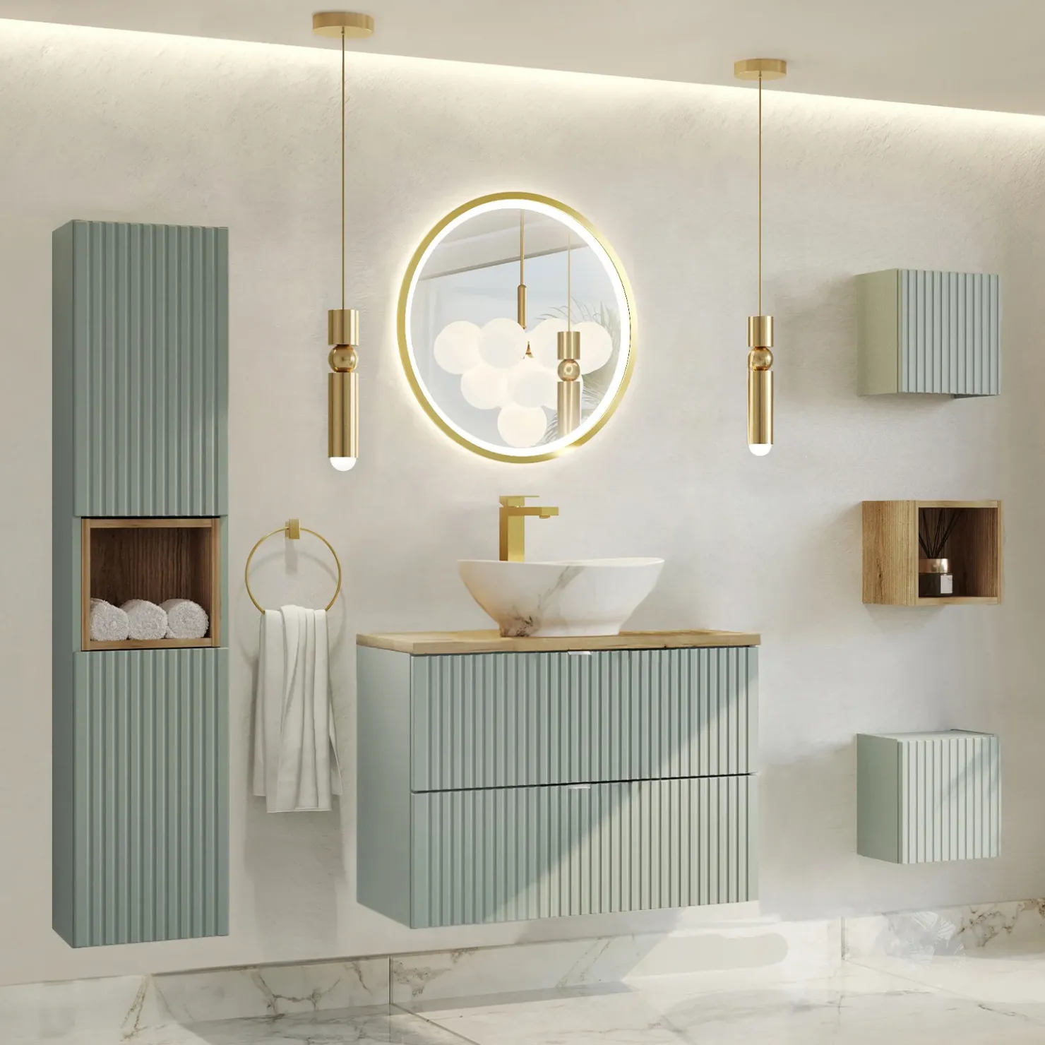 Garnero Arredamenti Pensile cubo bagno sospeso 30x30h cm cannettato 1 anta verde salvia Greeny New