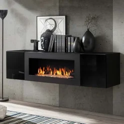 Garnero Arredamenti Pensile sospeso con biocamino 160x40h cm nero opaco e lucido Ignis Gihome® Nero Lucido - Nero opaco Sale