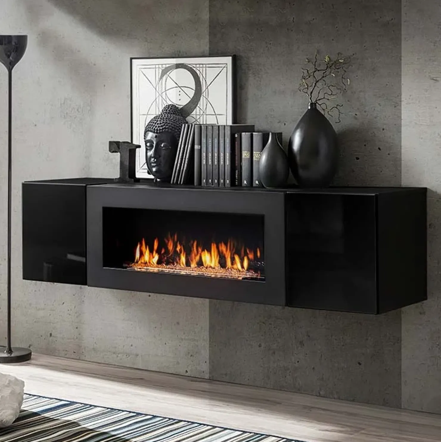 Garnero Arredamenti Pensile sospeso con biocamino 160x40h cm nero opaco e lucido Ignis Gihome® Nero Lucido - Nero opaco Sale