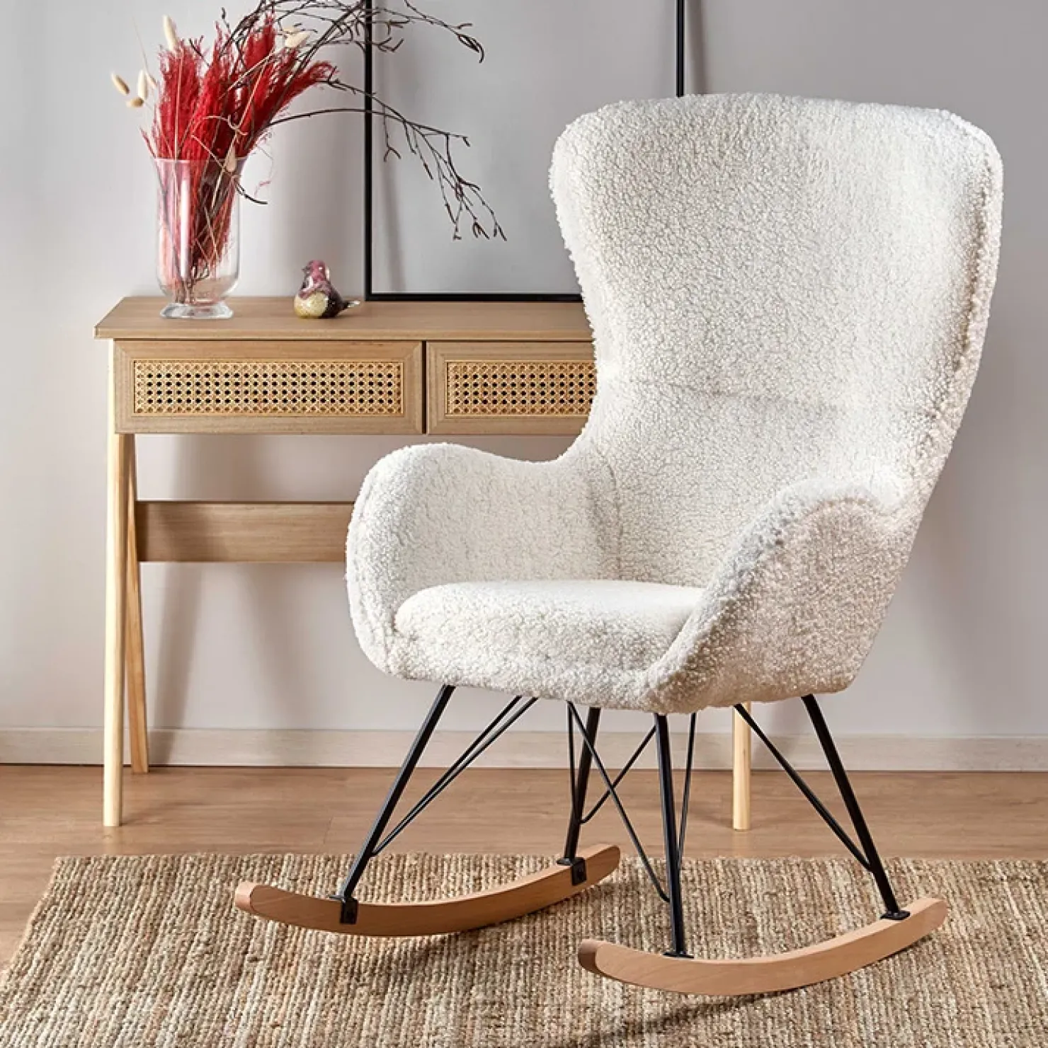 Garnero Arredamenti Poltrona a dondolo relax imbottita in tessuto panna nero rovere Spitz Bianco - Rovere Hot