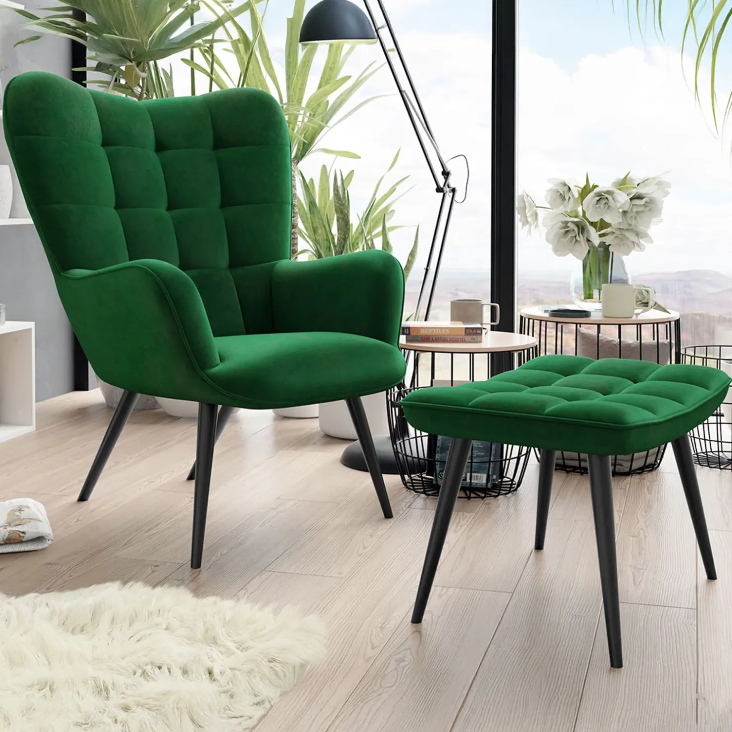 Garnero Arredamenti Poltrona imbottita con poggiapiedi in velluto Siena Verde Discount