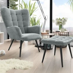 Garnero Arredamenti Poltrona imbottita con poggiapiedi in velluto Siena Grigio chiaro Sale