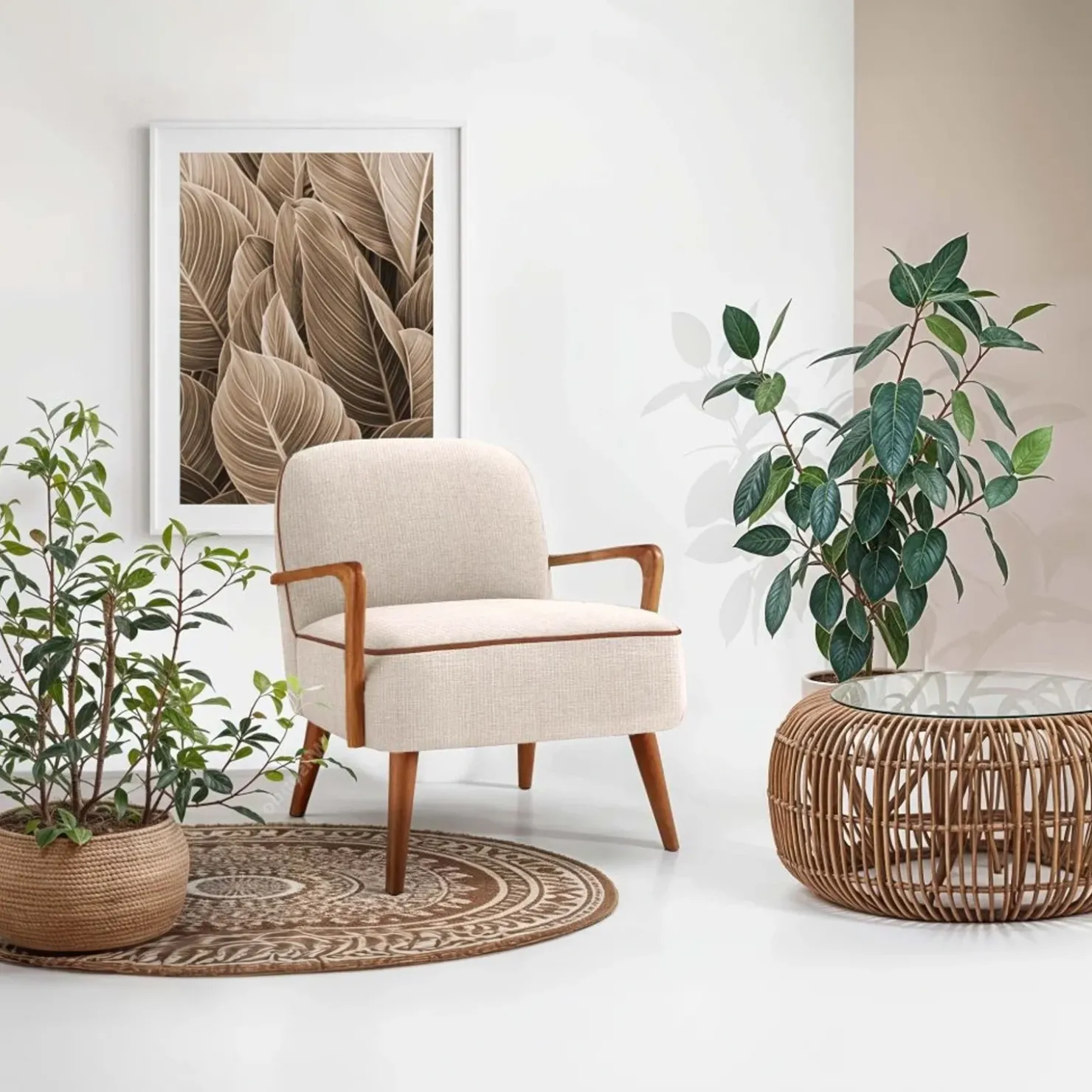 Garnero Arredamenti Poltrona moderna design in stoffa beige chiaro e gambe legno noce chiaro Bled Hot