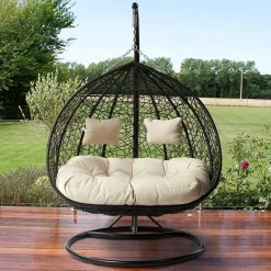 Garnero Arredamenti Poltrona sospesa 2 posti da giardino 120x200h cm nero con cuscini beige Ibisco Nero - Beige New