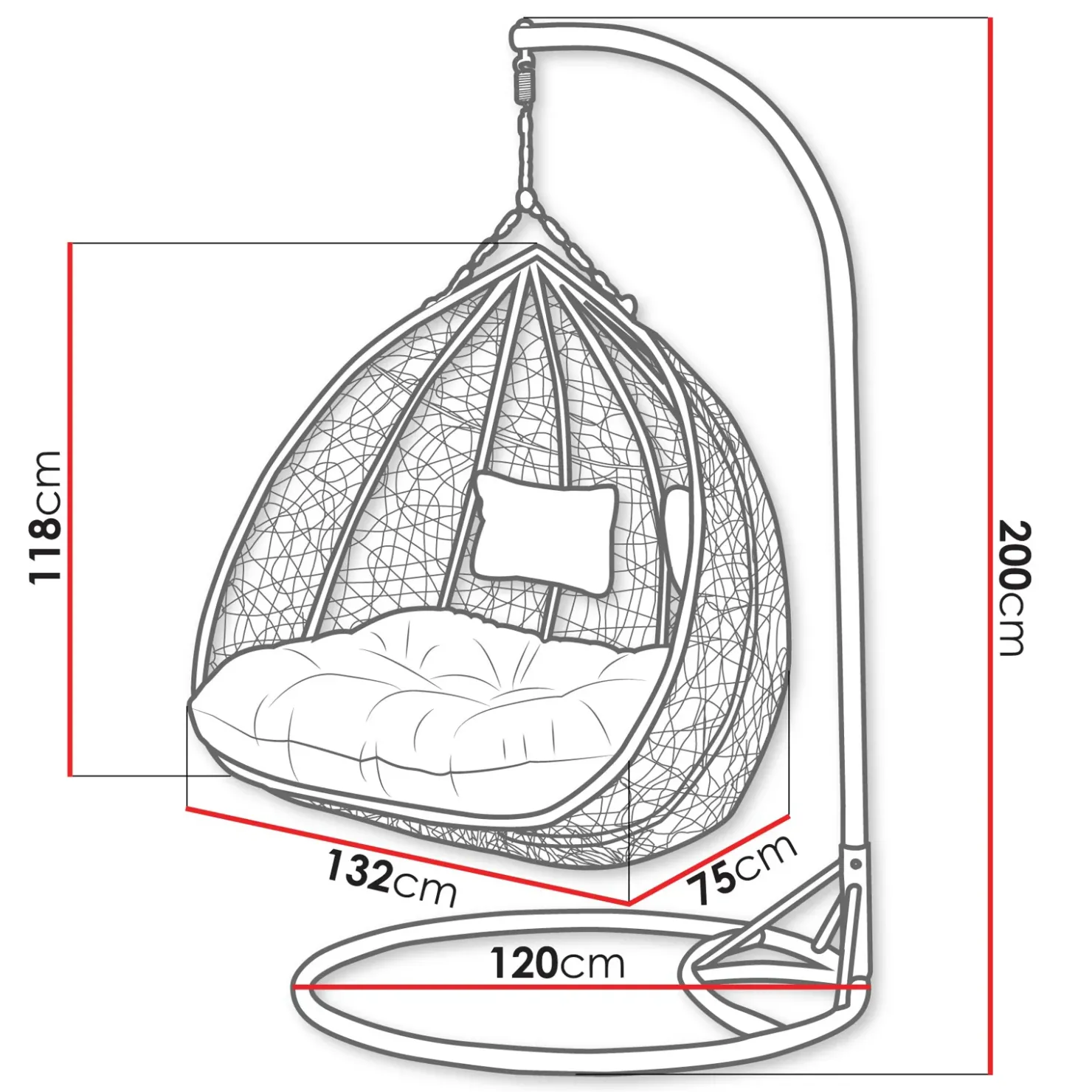 Garnero Arredamenti Poltrona sospesa 2 posti da giardino 120x200h cm grigio con cuscini Ibisco Grigio scuro - Grigio chiaro Hot