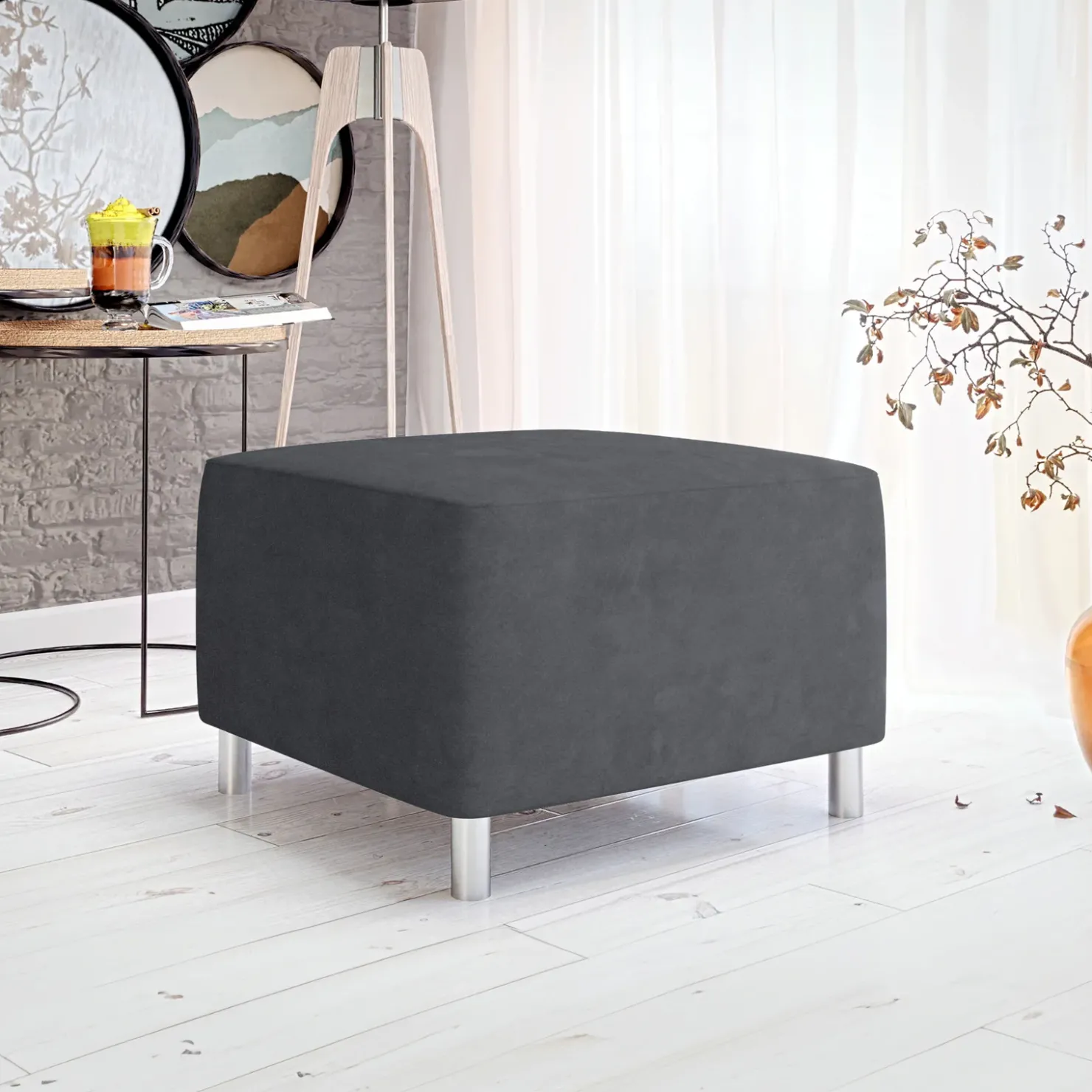 Garnero Arredamenti Pouf imbottito in tessuto 65x56cm grigio scuro Titus Tessuto Vellutato Alova Grigio Online