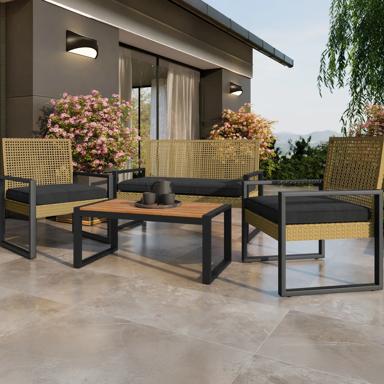 Garnero Arredamenti Salotto da giardino 4 posti con cuscini e tavolino acacia nero Timo Outlet