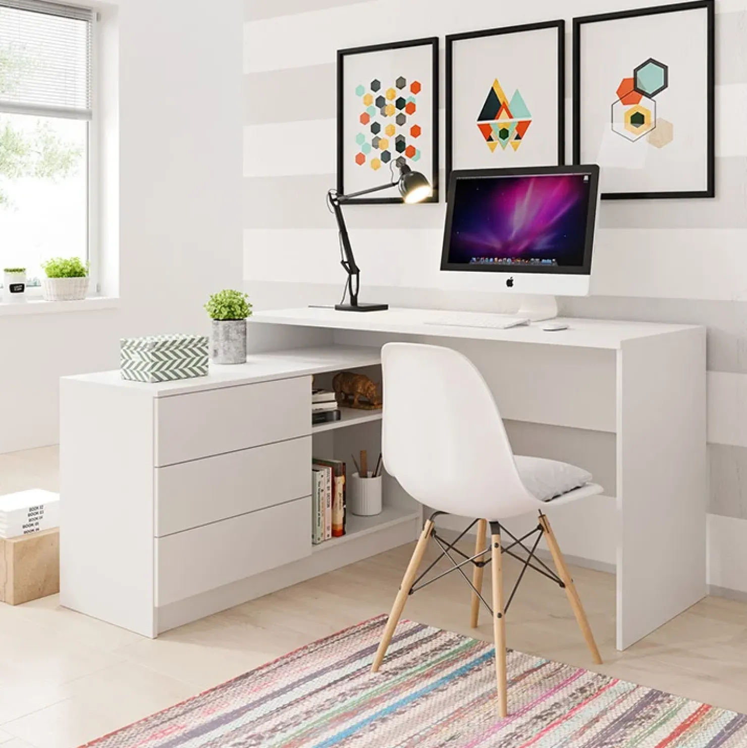 Garnero Arredamenti Scrivania angolare ufficio 138x110cm con cassettiera bianca Fallon Outlet