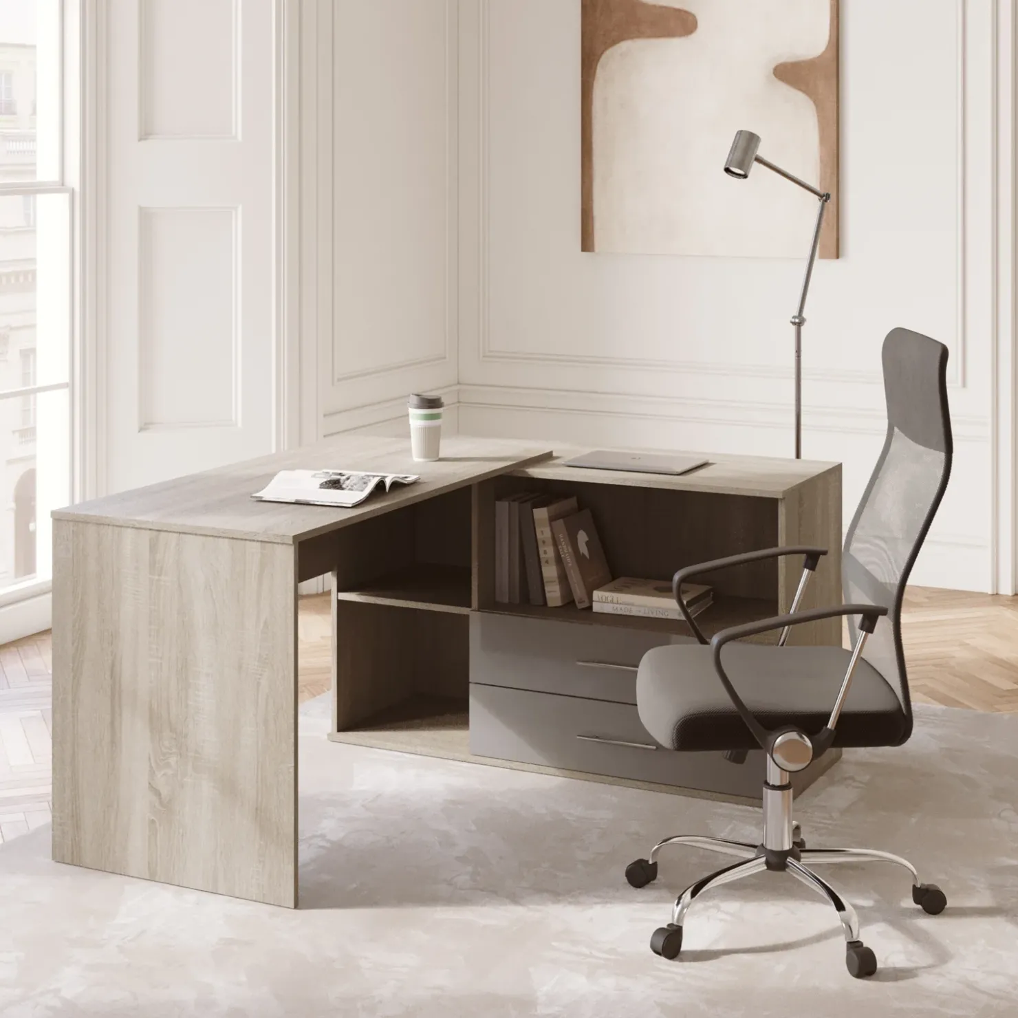 Garnero Arredamenti Scrivania angolare 144x127cm ufficio con cassettiera rovere antracite lucido Time Z Outlet