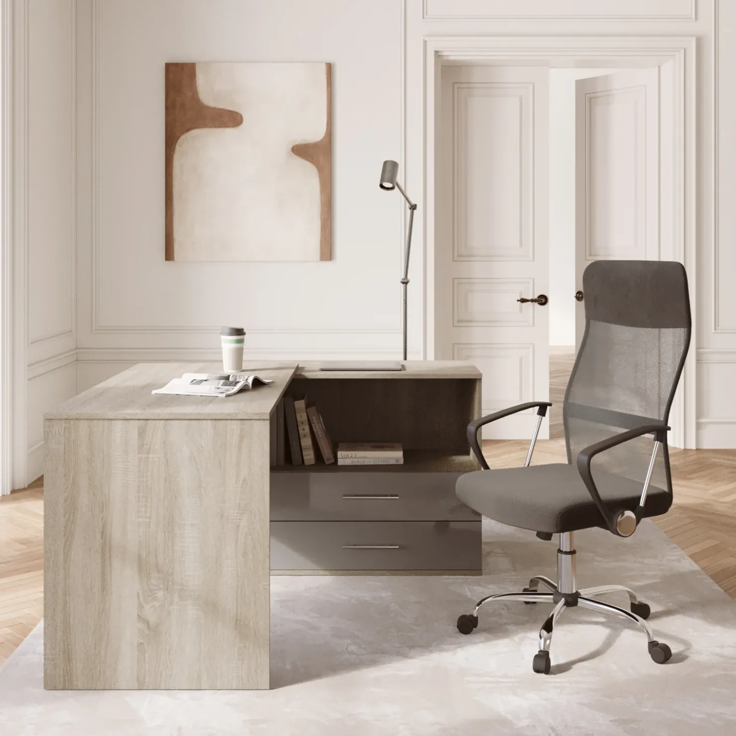 Garnero Arredamenti Scrivania angolare 144x127cm ufficio con cassettiera rovere antracite lucido Time Z Outlet