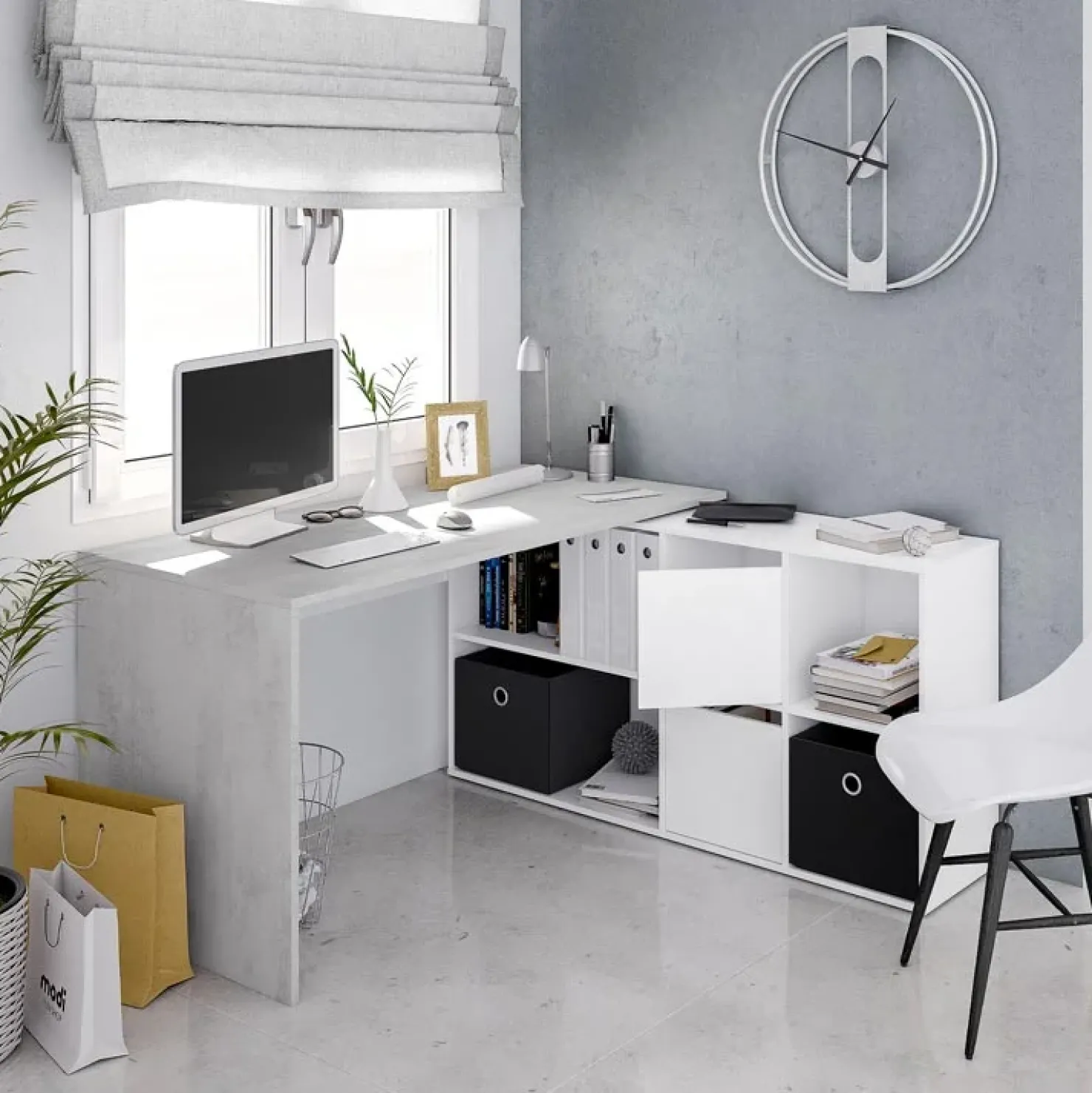 Garnero Arredamenti Scrivania 136/203cm ufficio multiposizione bianco opaco cemento Corner Online