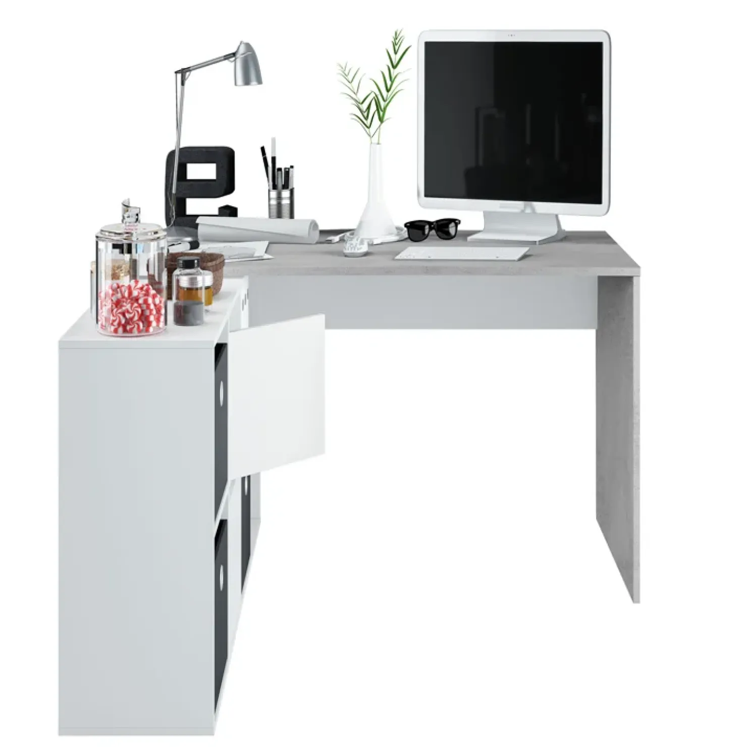 Garnero Arredamenti Scrivania 136/203cm ufficio multiposizione bianco opaco cemento Corner Online