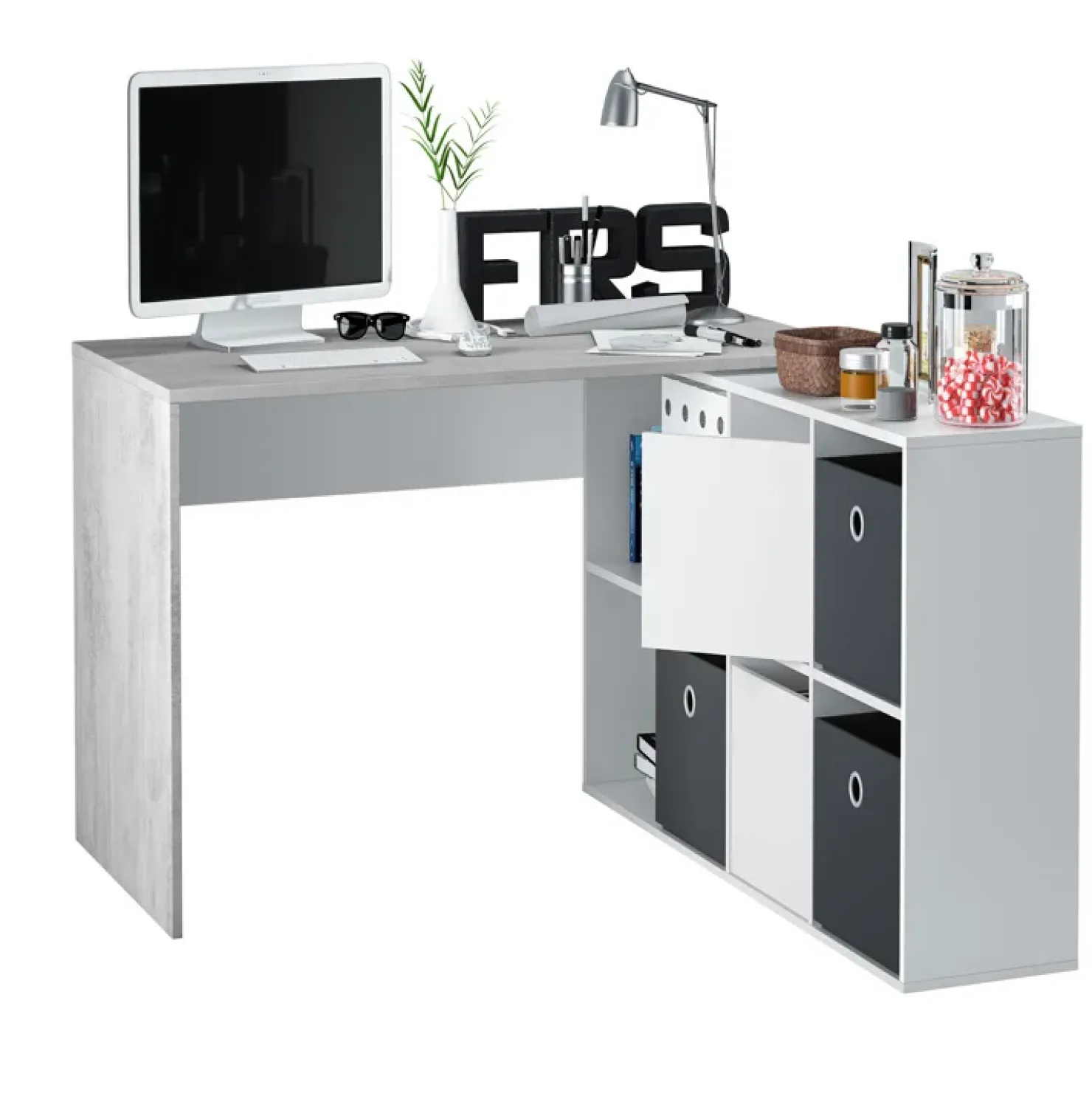 Garnero Arredamenti Scrivania 136/203cm ufficio multiposizione bianco opaco cemento Corner Online