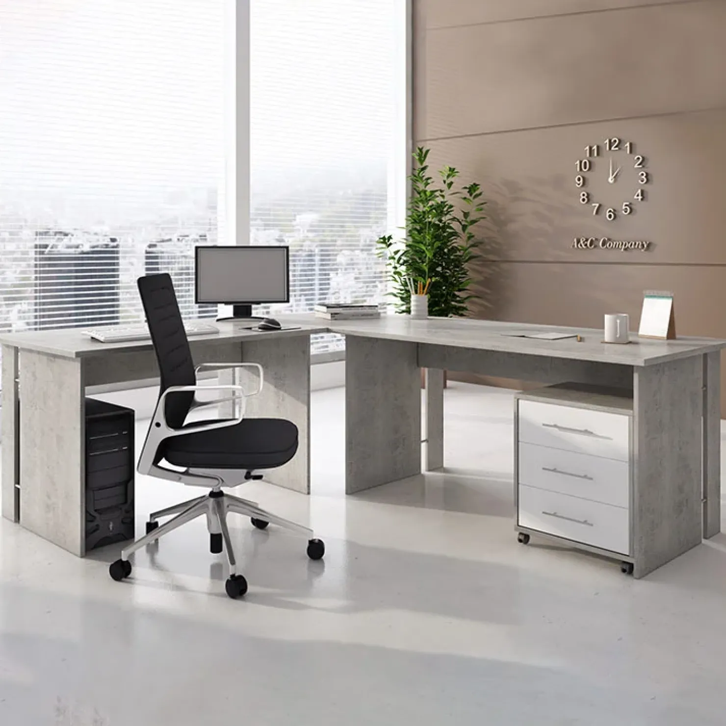 Garnero Arredamenti Scrivania ufficio angolare 228x198cm con cassettiera bianco cemento Woody Bianco Opaco - Cemento Online